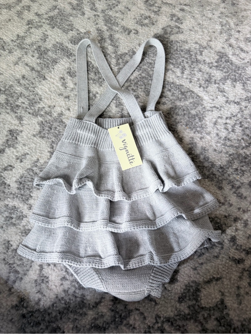 Vignette Light Gray Ruffle Knit Baby One-Piece with Crossback Straps